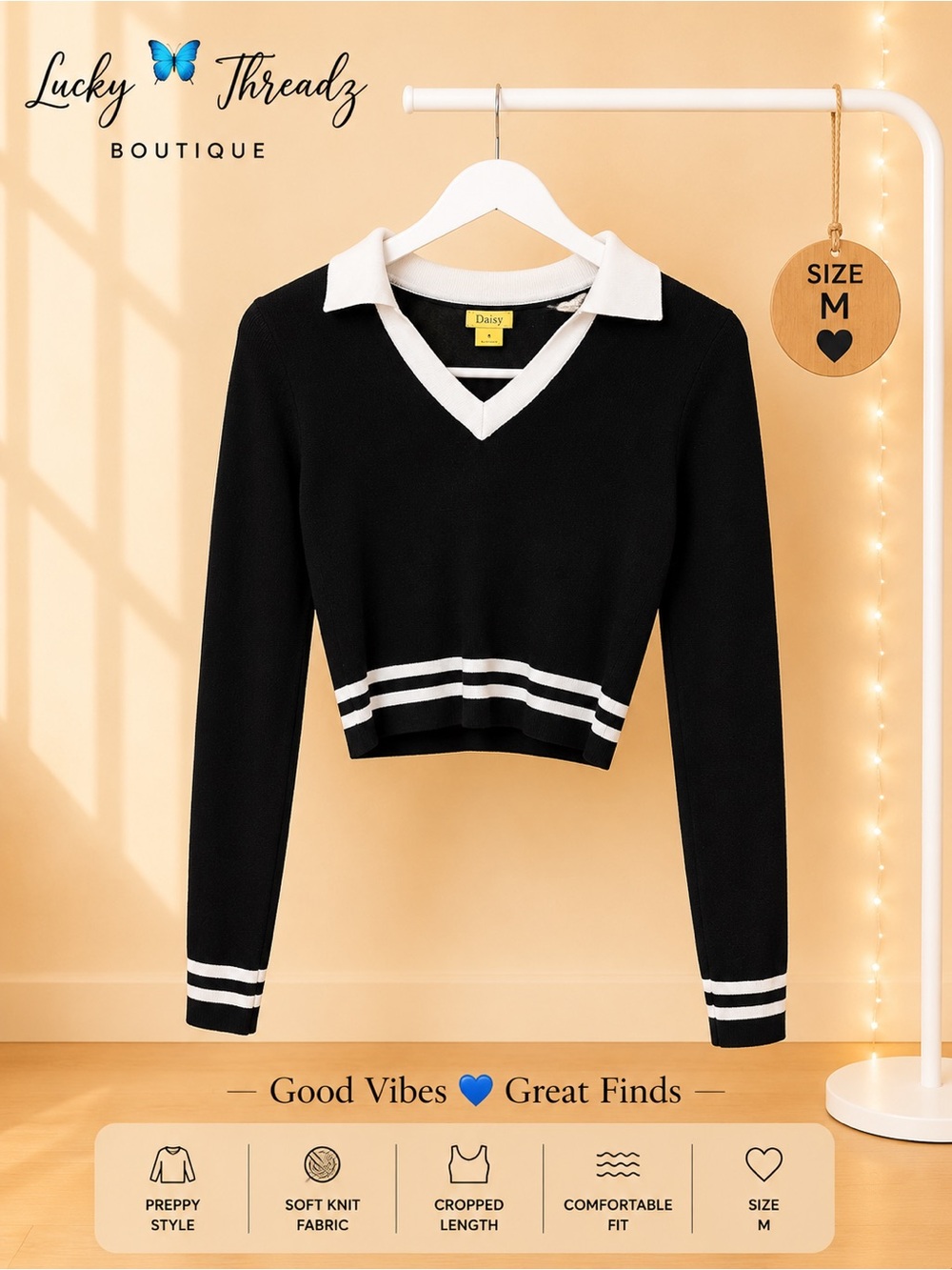 Daisy Soho NYC Black White Collared Cropped Sweater Preppy Tennis V Neck Size M⁠